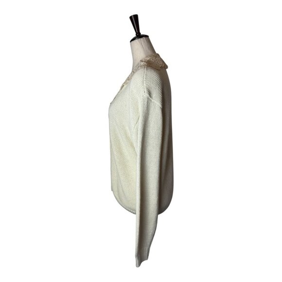 Chaus Sweater Women Medium Ivory Knit Lace Collar Button Front Vintage Cardigan - Picture 7 of 12